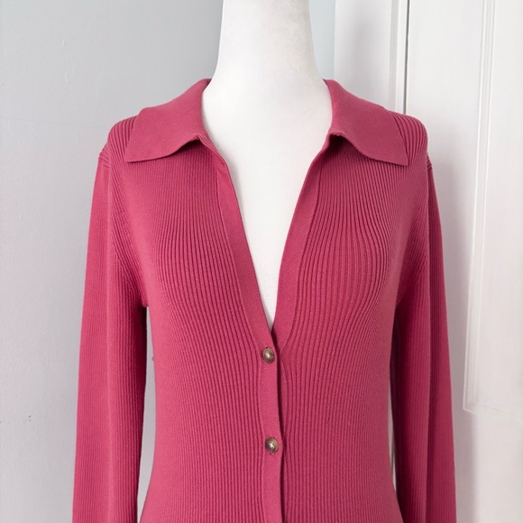Intermix Rib Knit Cardigan Sweater Top Form-Fitting Stretch Button Front Collar - Picture 2 of 5